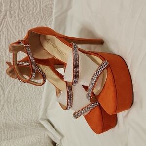 New! Orange rhinestone stiletto heels shoes high platform strappy party dress